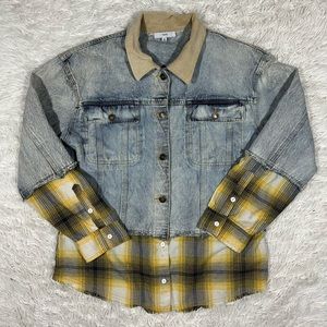 FATE Denim / Jean Jacket Size Medium Mixed Media Patchwork Blue and Yellow Plaid